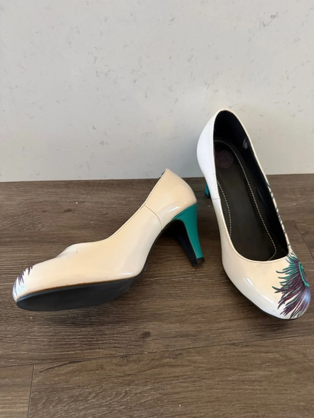 White Heels with Teal & Purple Peacock Feather Accent - Picture 9 of 9
